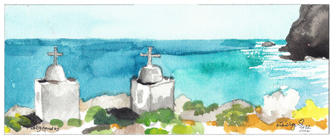 Two Shrines at Folegandros, Greece, 2022. Original Watercolour by Andrew Logan