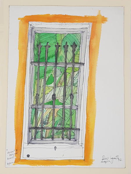 ORIGINAL WATERCOLOUR OF PLANTS BEHIND BARS - BY ANDREW LOGAN 1992