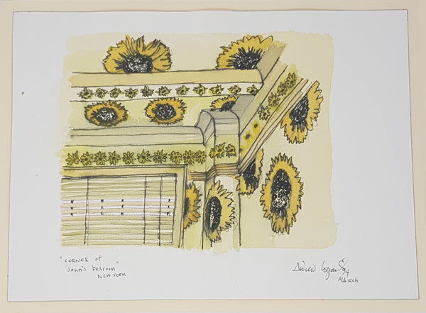 ORIGINAL WATERCOLOUR OF CORNED OF JOHN'S BEDROOM - BY ANDREW LOGAN 1994