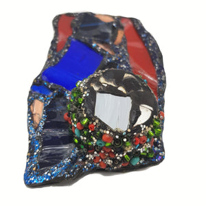 ANDREW LOGAN DESIGNER BROOCH featuring blue & red glass, mirror, beads and glitter.