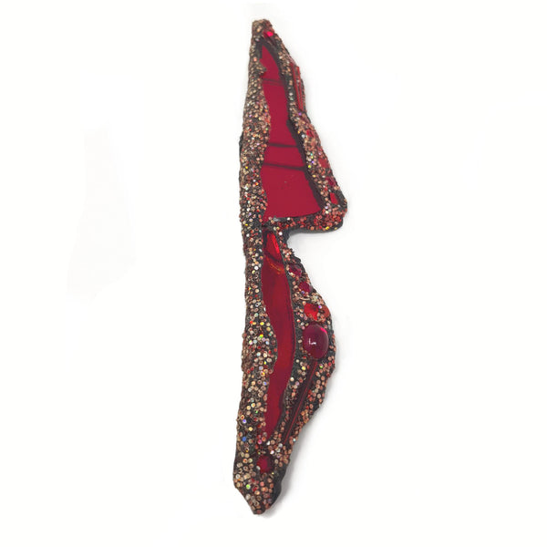 ANDREW LOGAN RED LIGHTENING BROOCH, featuring red glass, crystals and glitter