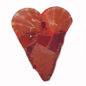 ANDREW LOGAN RED HEART BROOCH, featuring red shells, glass, crystals and glitter.