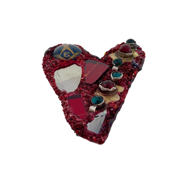 RUBY RED AND BRASS BEADED HEART