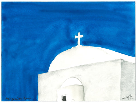 Church of Panagia, Folegrandos, Greece, 2022. Original Watercolour by Andrew Logan