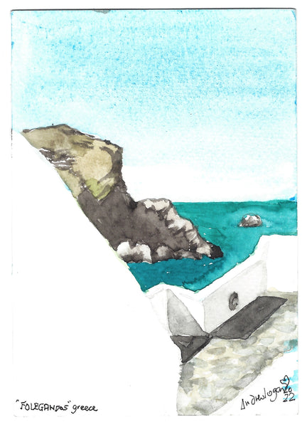 Terrace at Folegandros, Greece, 2022. Original Watercolour by Andrew Logan