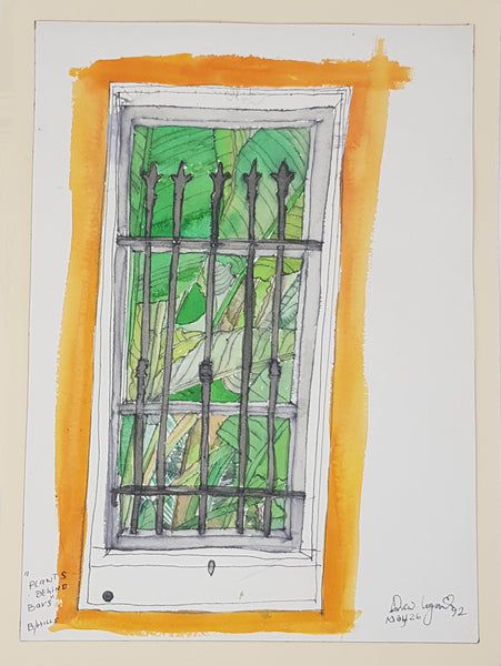 ORIGINAL WATERCOLOUR OF PLANTS BEHIND BARS - BY ANDREW LOGAN 1992