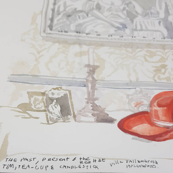 ORIGINAL WATERCOLOUR OF THE PAST, PRESENT AND THE RED HAT - BY ANDREW LOGAN 2003